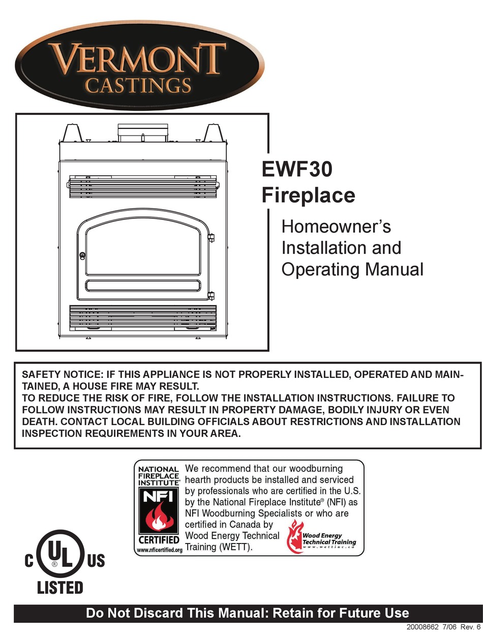 Vermont Castings Ewf Homeowner S Installation And Operating Manual