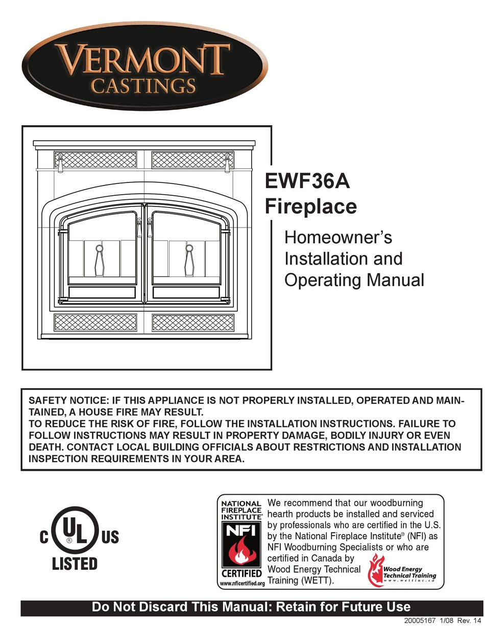 VERMONT CASTINGS EWF36 HOMEOWNER S INSTALLATION AND OPERATING MANUAL