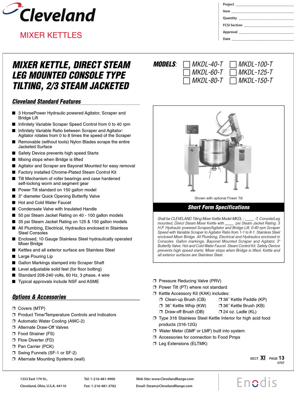 CLEVELAND MKDL 100 T KETTLE SPECIFICATIONS ManualsLib