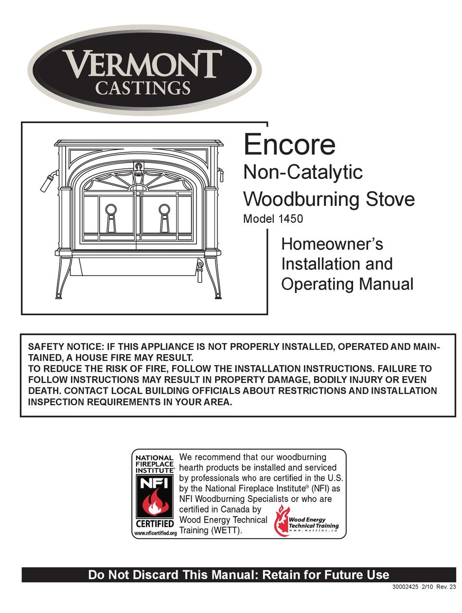 VERMONT CASTINGS ENCORE 1450 HOMEOWNER S INSTALLATION AND OPERATING