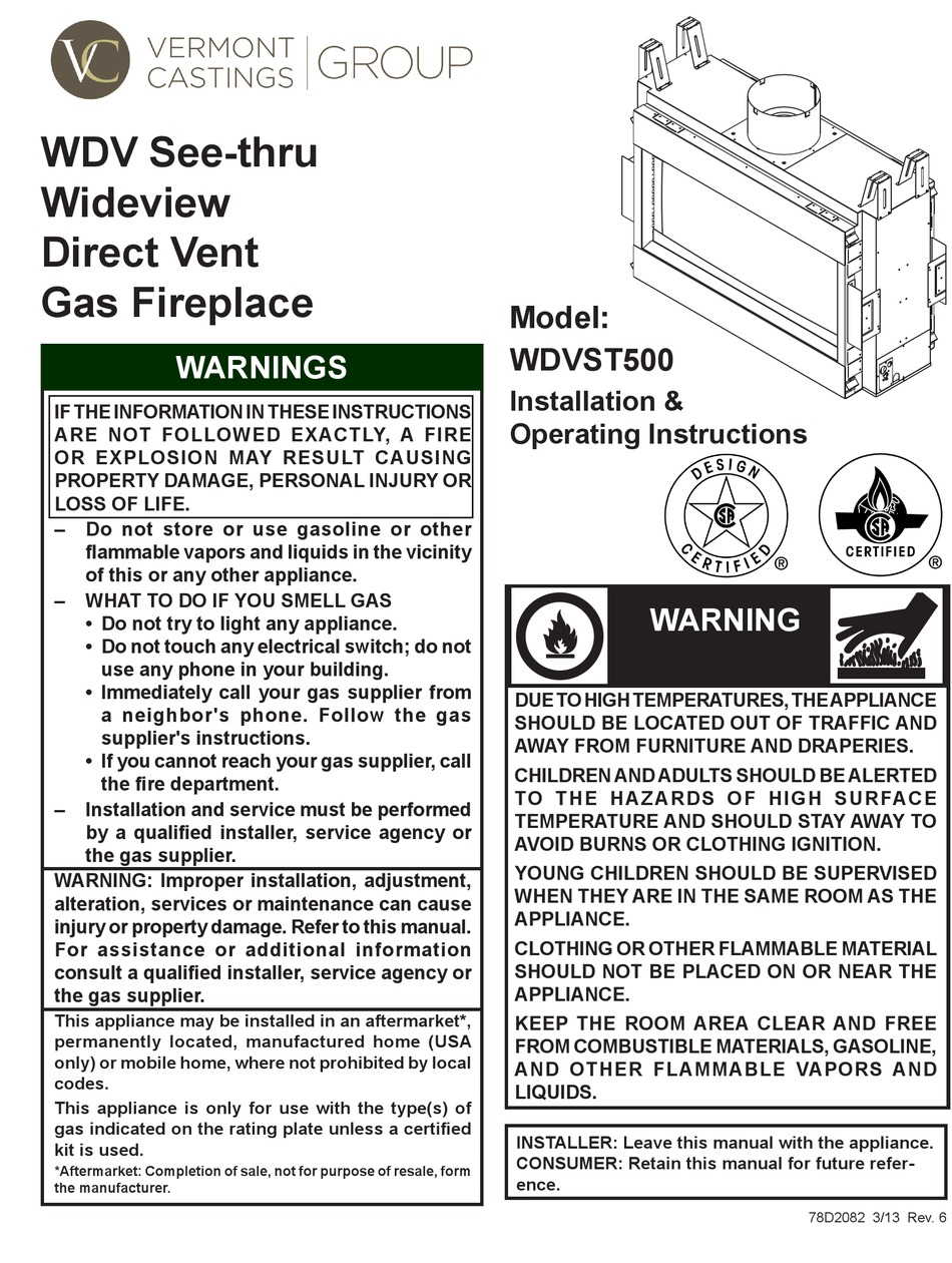 Vermont Castings Wdvst Installation Operating Instructions Manual