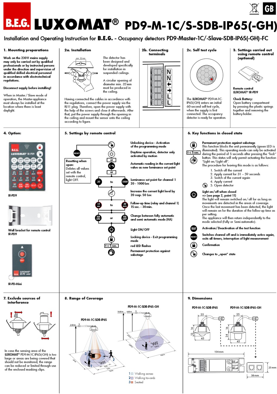 LUXOMAT PD9 M 1C SDB IP65 INSTALLATION AND OPERATING INSTRUCTION MANUAL