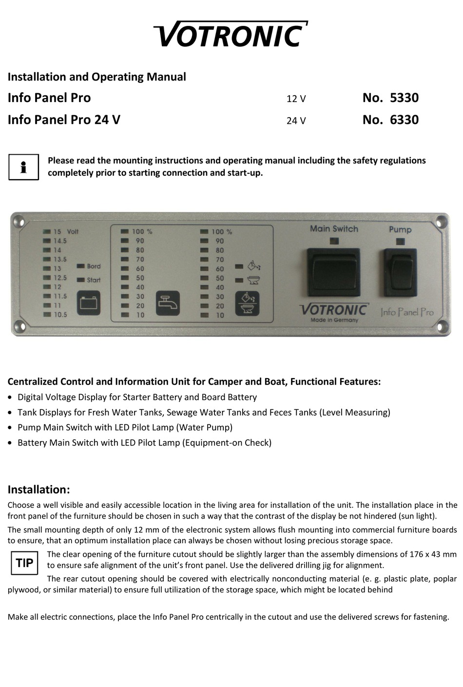 Votronic Info Panel Pro Control Panel Installation And Operating Manual