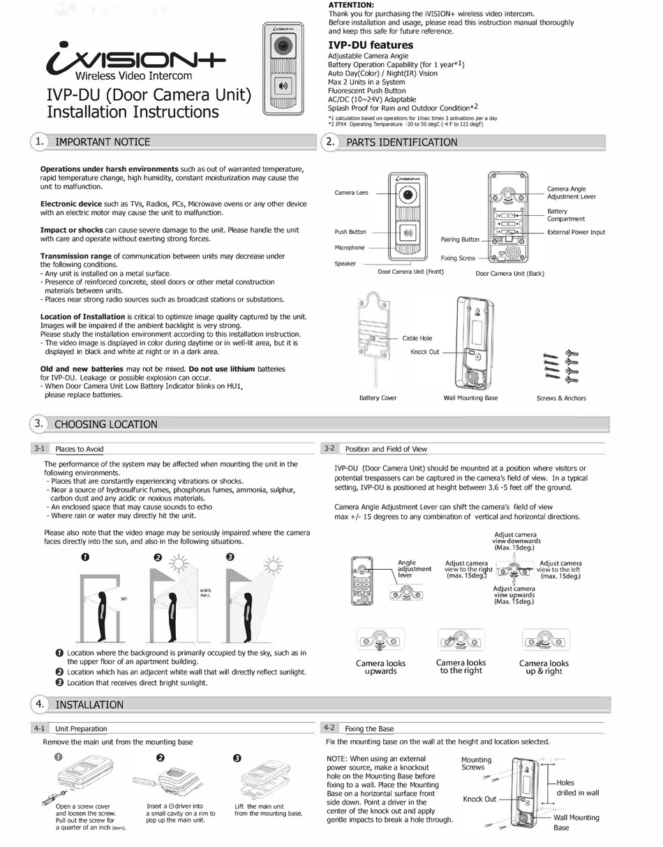 OPTEX IVISION PLUS IVP DU INTERCOM SYSTEM INSTALLATION INSTRUCTIONS