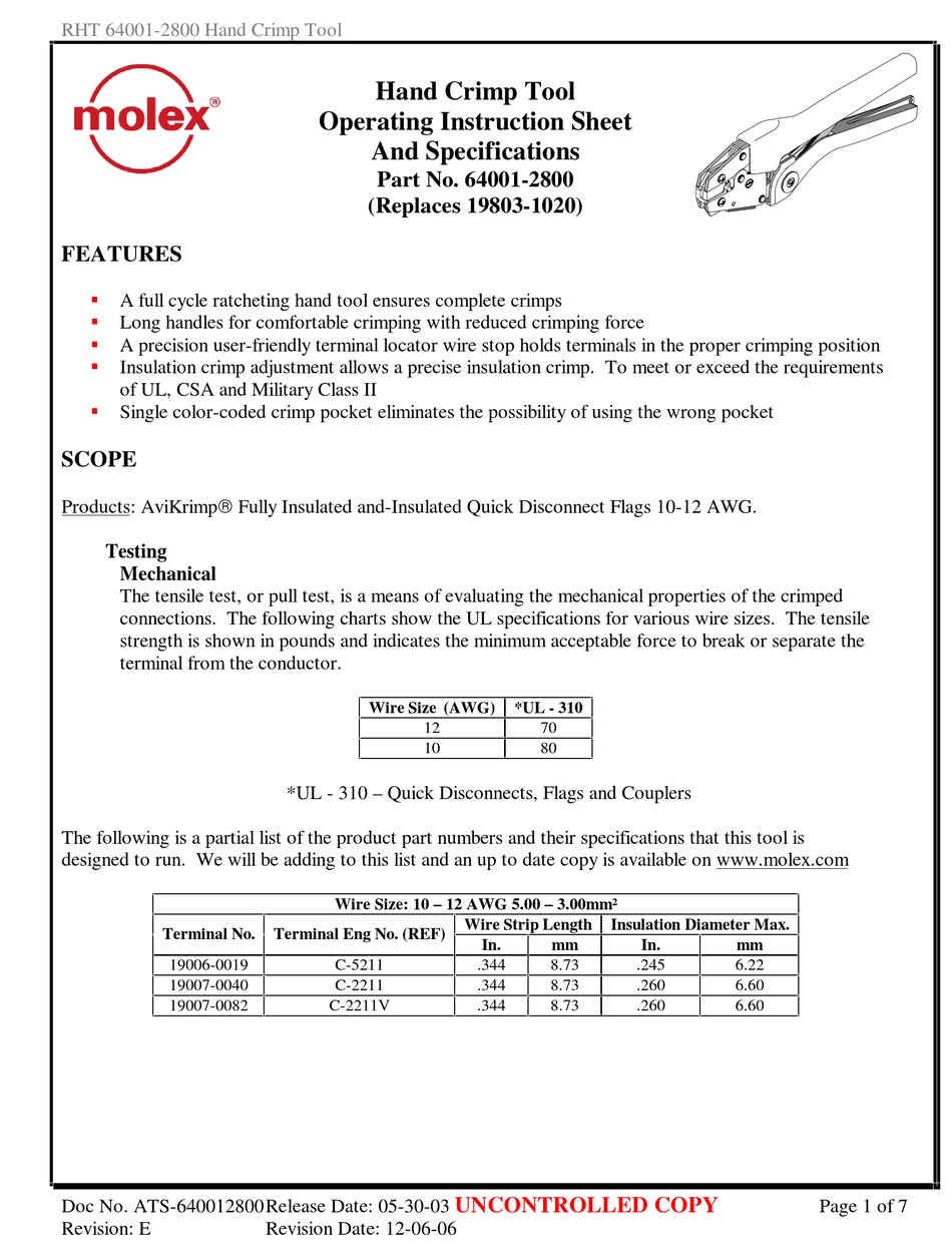 Molex Series Operating Instruction Sheet And Specifications Pdf