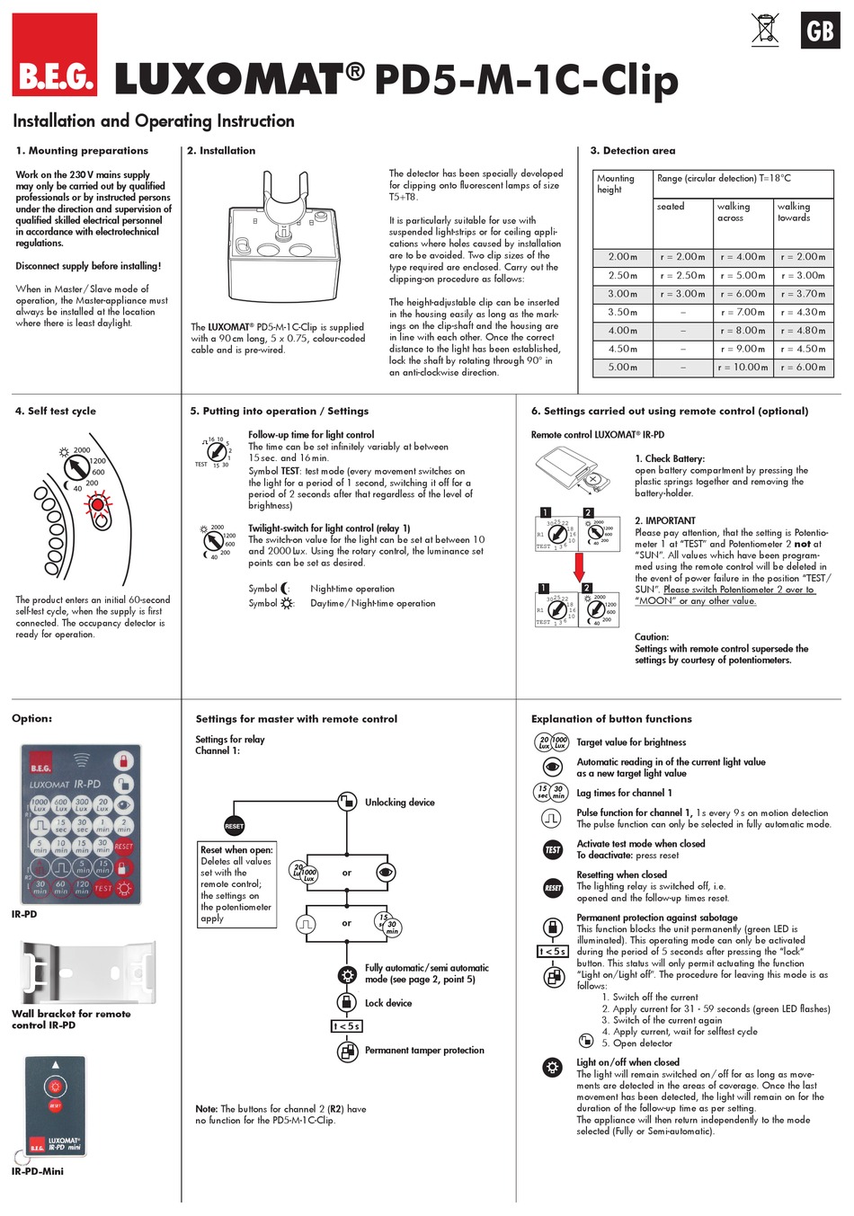 B E G LUXOMAT PD5 M 1C CLIP INSTALLATION AND OPERATING INSTRUCTION Pdf