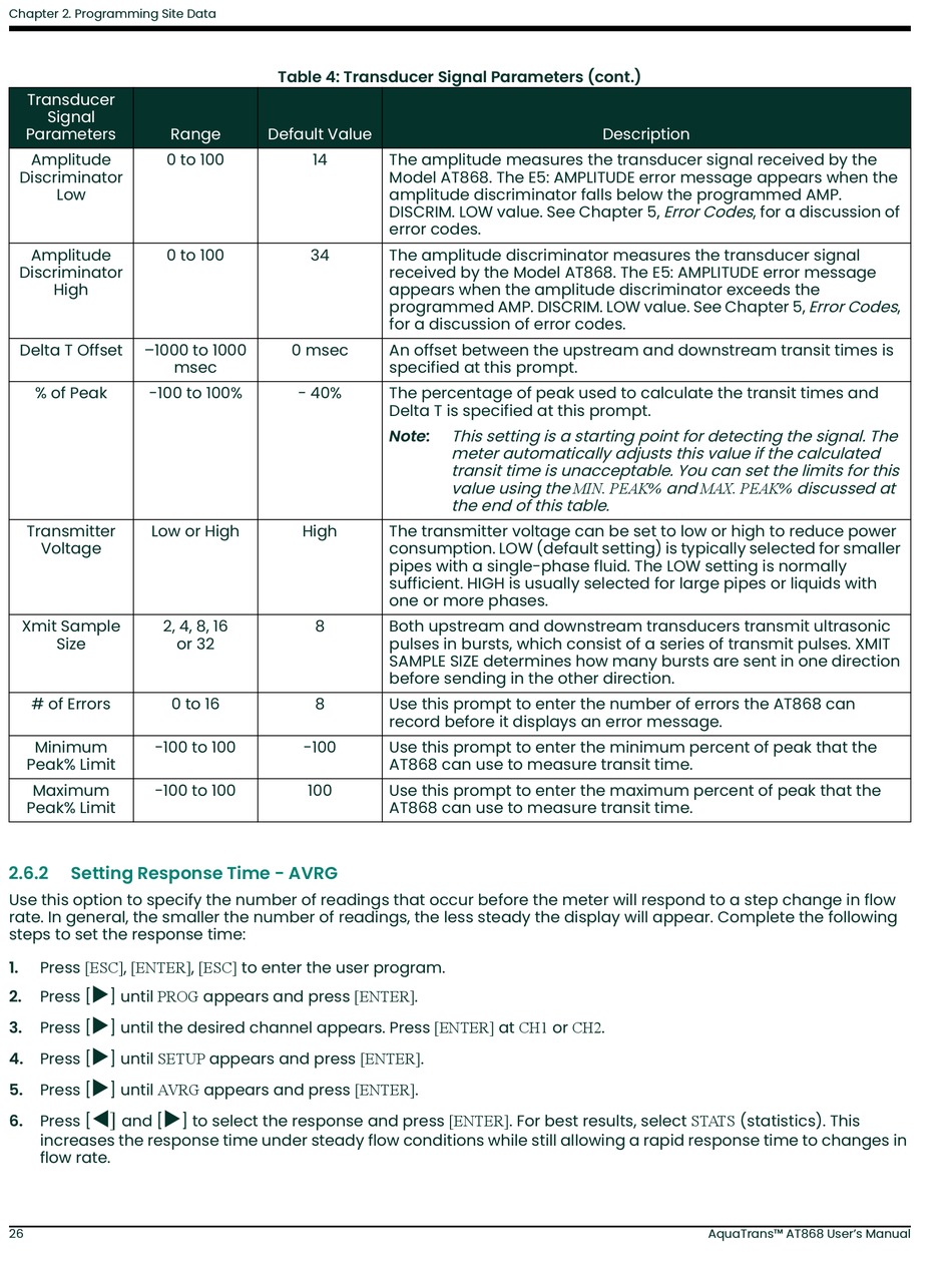 Setting Response Time Avrg Panametrics Aquatrans At User Manual