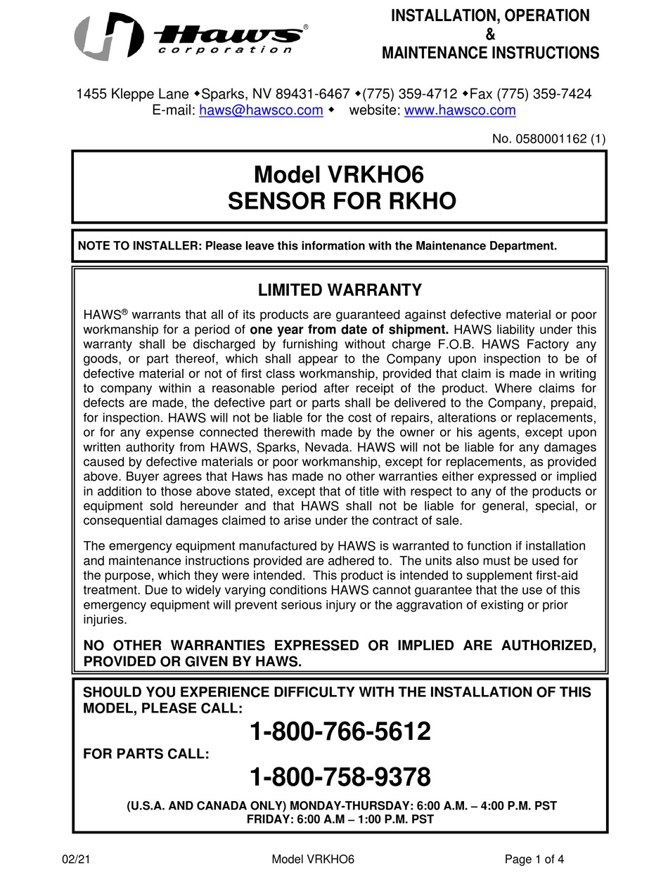 Haws Vrkho Installation Operation Maintenance Instructions Pdf