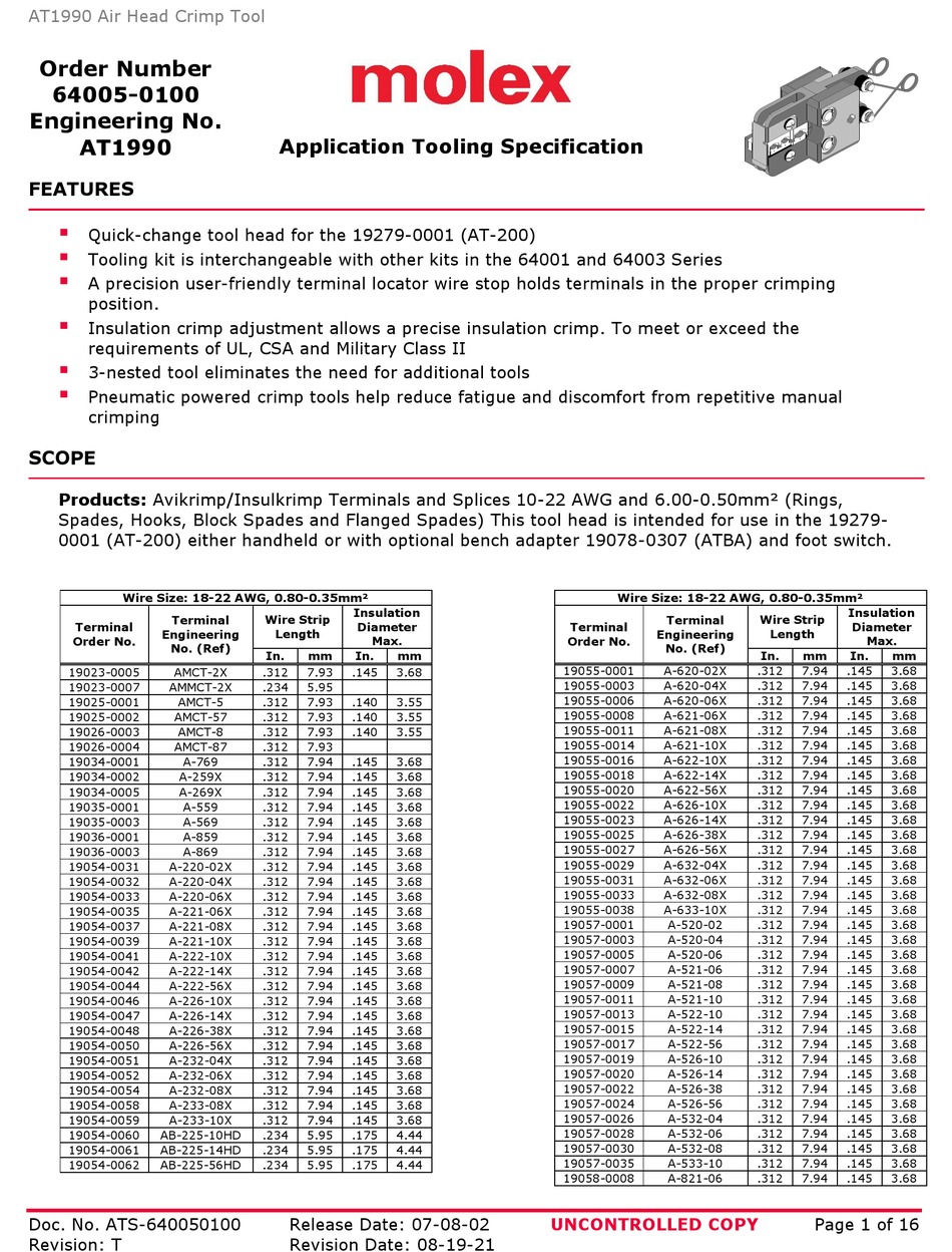 MOLEX 207129 SERIES APPLICATION TOOLING SPECIFICATION SHEET Pdf