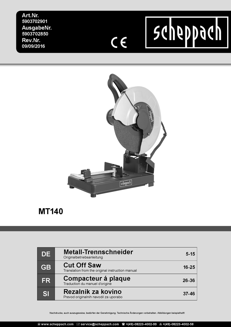 SCHEPPACH MT140 TRANSLATION FROM THE ORIGINAL INSTRUCTION MANUAL Pdf