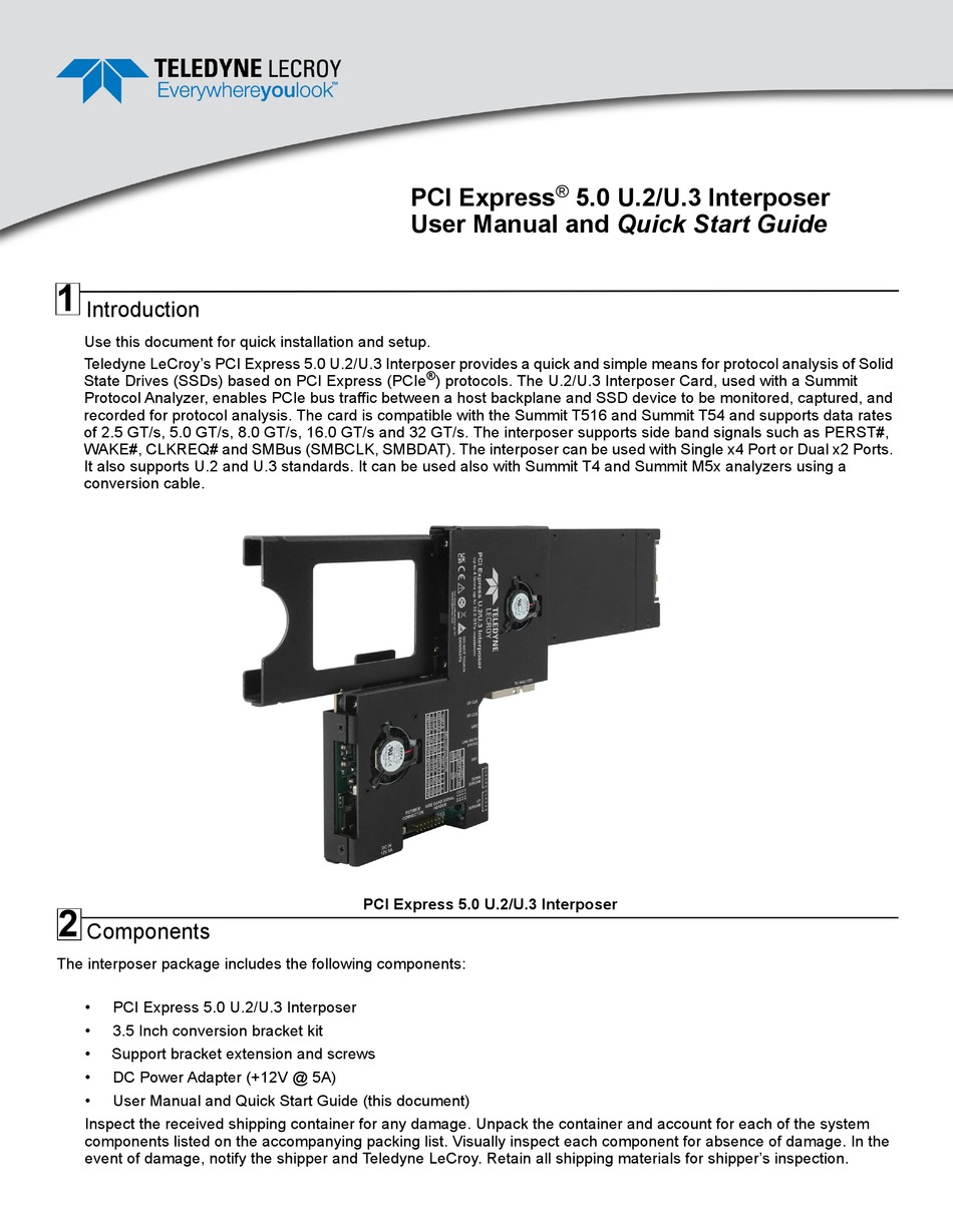 TELEDYNE LECROY PCI EXPRESS 5 0 U 2 USER MANUAL AND QUICK START MANUAL