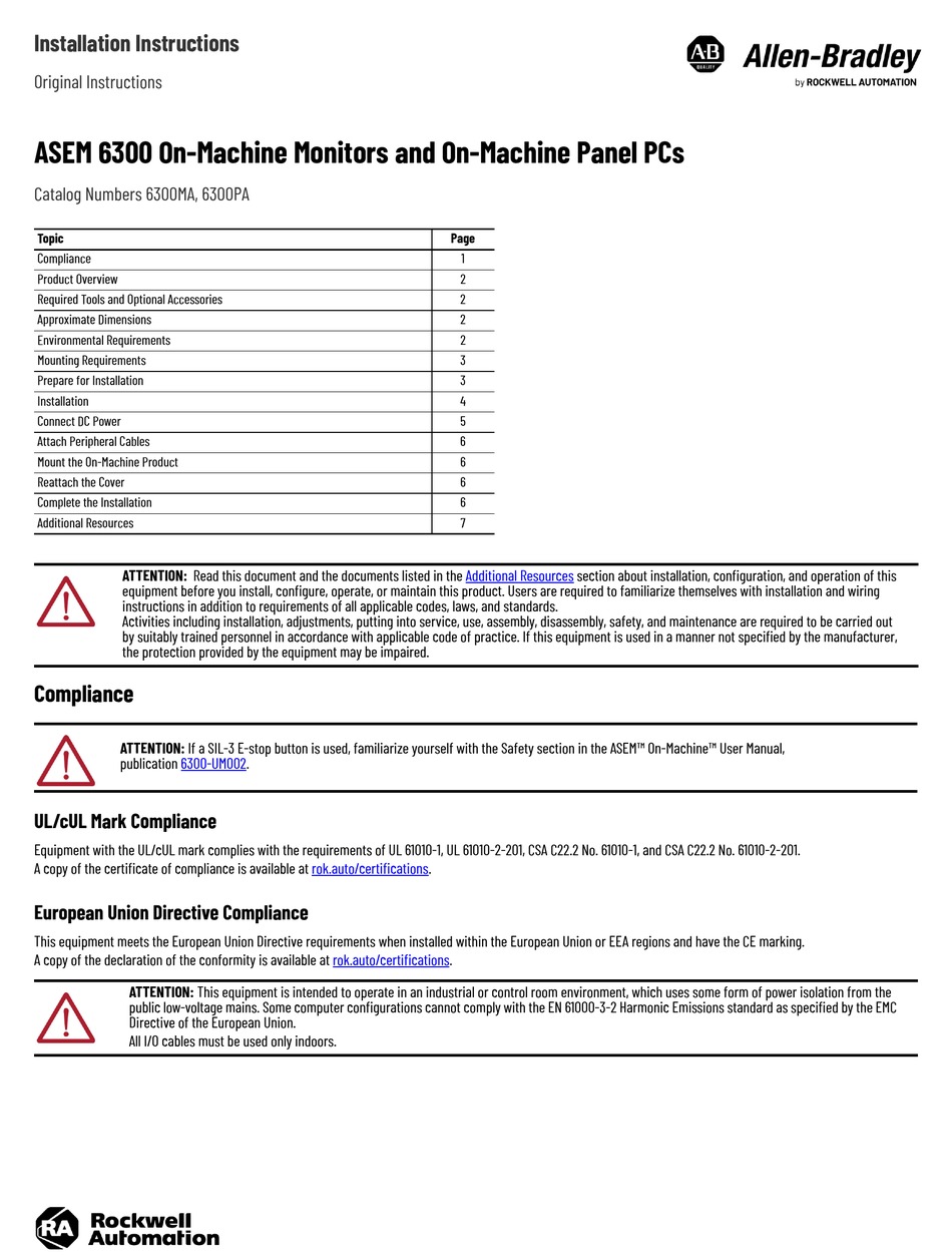 ROCKWELL AUTOMATION ALLEN BRADLEY ASEM 6300 INSTALLATION INSTRUCTIONS