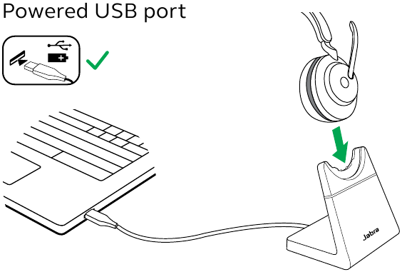 Jabra - Evolve2 65 - Charge using the charging stand (optional accessory) Charge using the charging stand (optional accessory)