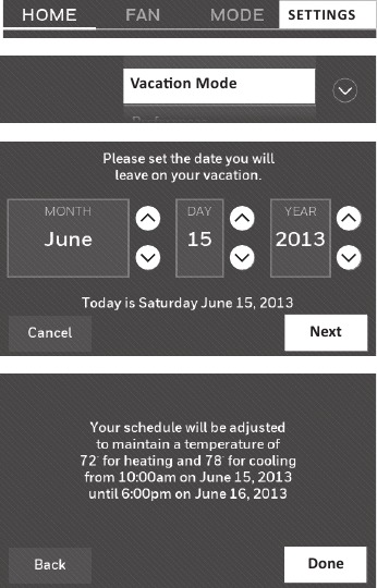 Honeywell - RTH9585WF1004 - Setting vacation hold: home use Setting vacation hold: home use
