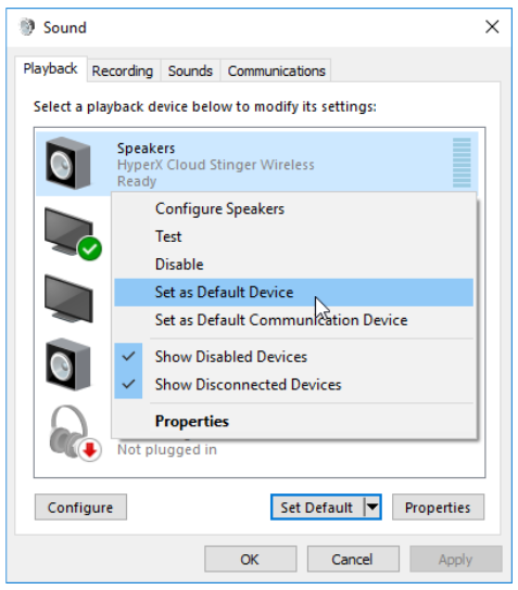 HYPERX - Cloud Stinger Wireless HX-HSCSW-BK - Headset is configured correctly on the PC Step 2 Headset is configured correctly on the PC Step 2