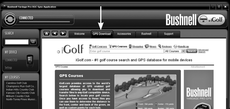 Bushnell - Yardage Pro XGC - Yardage Pro XGC Sync - Downloading the Courses Yardage Pro XGC Sync - Downloading the Courses