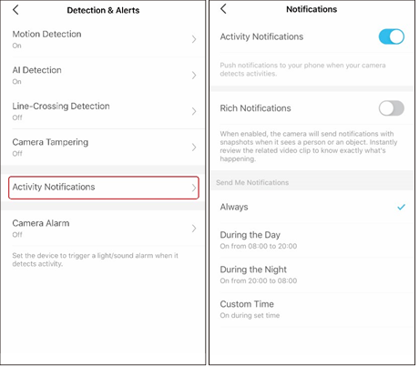 TP-Link - Tapo C325WB - Camera Detection & Alerts - Turn On Activity Notifications Camera Detection & Alerts - Turn On Activity Notifications