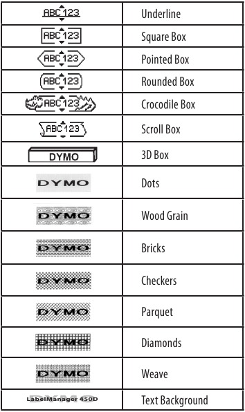Dymo - LabelManager 450D - Available Box and Background Styles Available Box and Background Styles