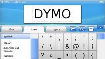 Dymo - LabelManager 500TS - Inserting Special Characters, Auto-Text, and Barcodes Inserting Special Characters, Auto-Text, and Barcodes