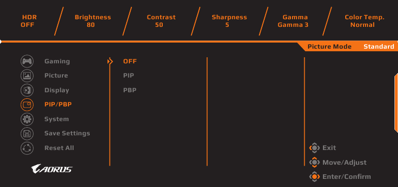 GIGABYTE - AORUS FI27Q-P - PIP/PBP Settings PIP/PBP Settings