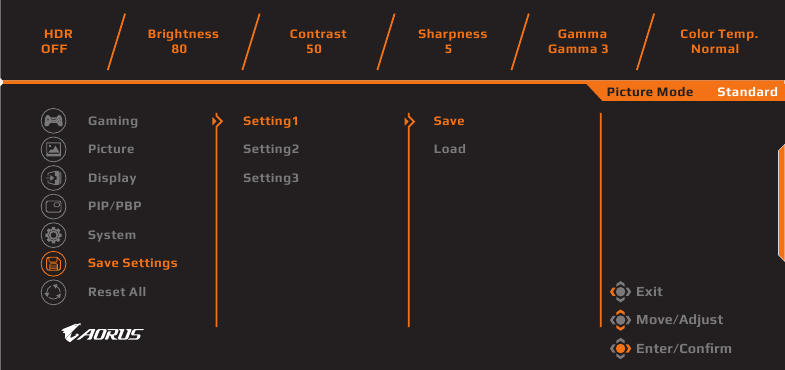 GIGABYTE - AORUS FI27Q-P - Save Settings Save Settings