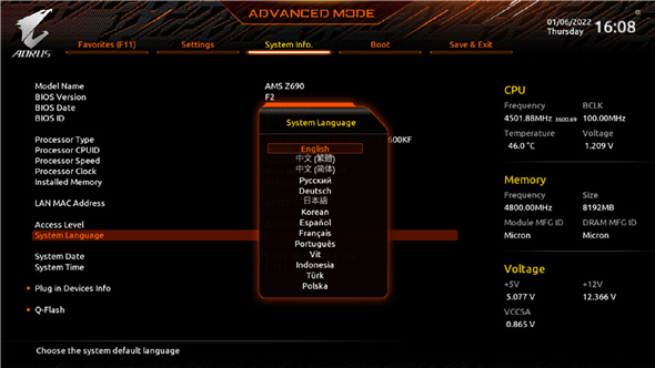 GIGABYTE - MODEL S - Setting the BIOS Display Language Setting the BIOS Display Language