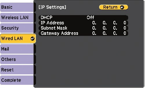 Epson - PowerLite 570 - Network configuration - Step 2 Network configuration - Step 2