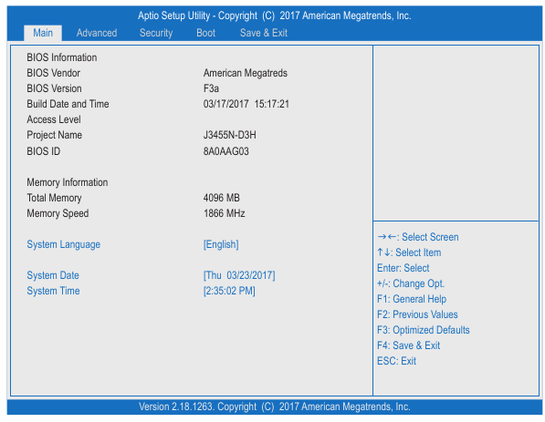 GIGABYTE - GA-J3455N-D3H - BIOS Setup - Main BIOS Setup - Main