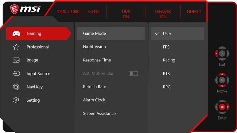 MSI - Optix G24C4 - OSD Setup via Navi Key OSD Setup via Navi Key