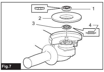 Makita - GA4030R - Installing or removing depressed center wheel or flap disc - Step 1 Installing or removing depressed center wheel or flap disc - Step 1