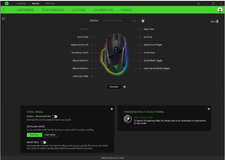 RAZER - BASILISK V3 PRO - CONFIGURING YOUR DEVICE - Customize subtab CONFIGURING YOUR DEVICE - Customize subtab