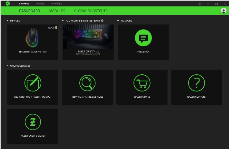 RAZER - BASILISK V3 PRO - CONFIGURING YOUR DEVICE - Dashboard subtab CONFIGURING YOUR DEVICE - Dashboard subtab