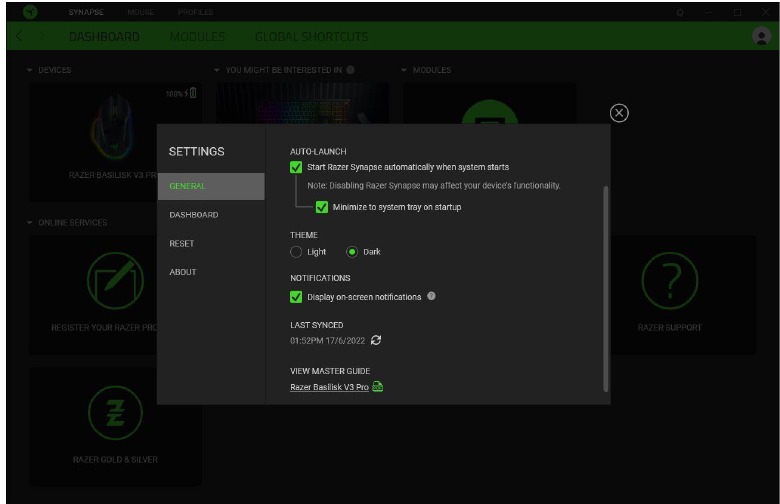 RAZER - BASILISK V3 PRO - CONFIGURING YOUR DEVICE - SETTINGS WINDOW CONFIGURING YOUR DEVICE - SETTINGS WINDOW