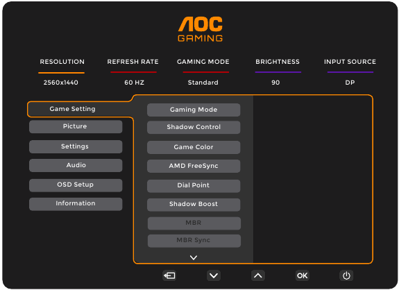 AOC - Q27G4XN - OSD Setting - Basic instruction on control keys OSD Setting - Basic instruction on control keys