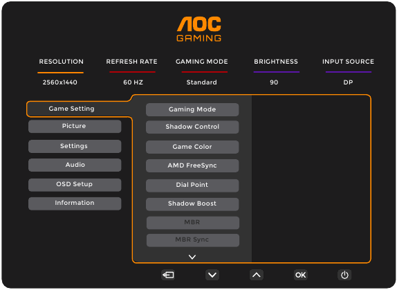 AOC - Q27G4XN - OSD Setting - Game Setting OSD Setting - Game Setting