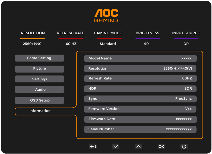 AOC - Q27G4XN - OSD Setting - Information tab OSD Setting - Information tab