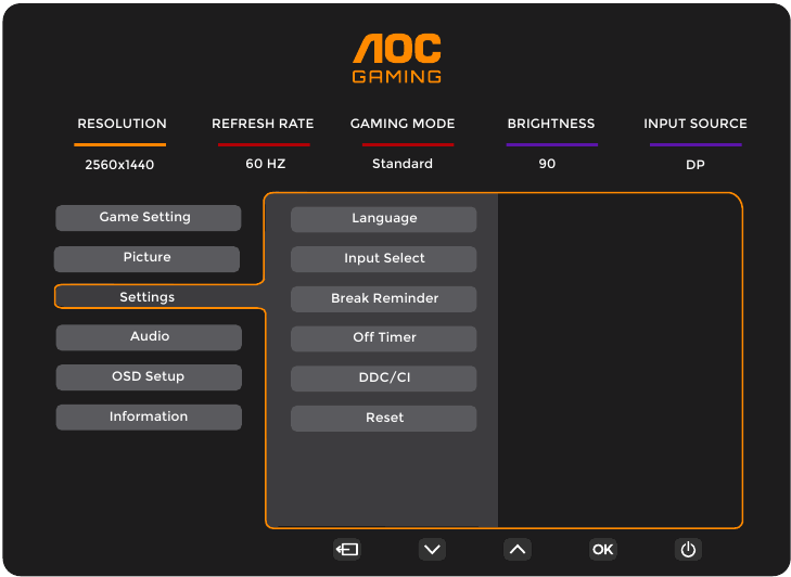 AOC - Q27G4XN - OSD Setting - Settings tab OSD Setting - Settings tab