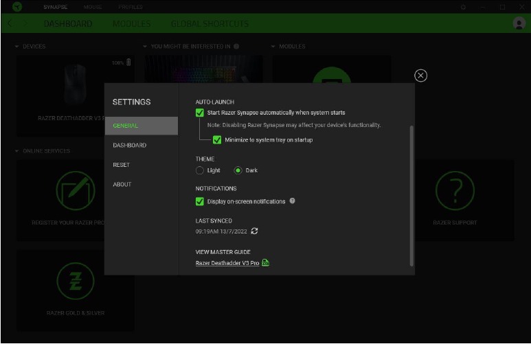 Razer - DEATHADDER V3 PRO - Settings Window Settings Window