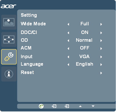 Acer - R240HY - Setting Menu Setting Menu