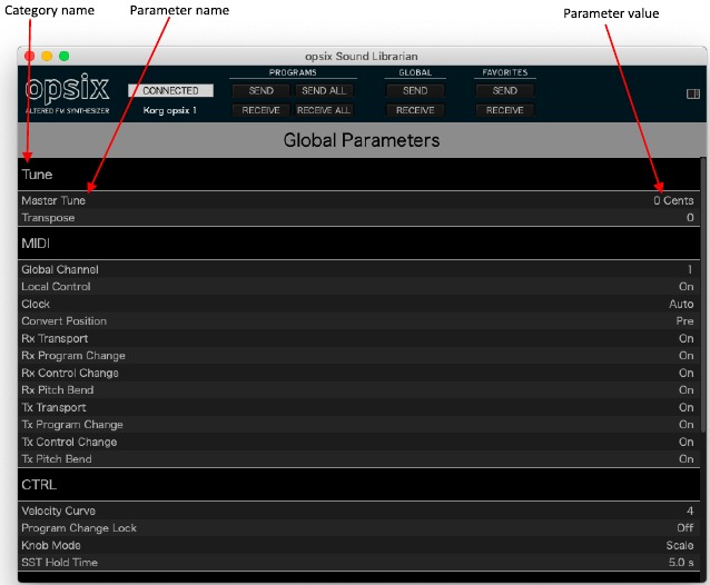 Korg - opsix - Global settings view Global settings view