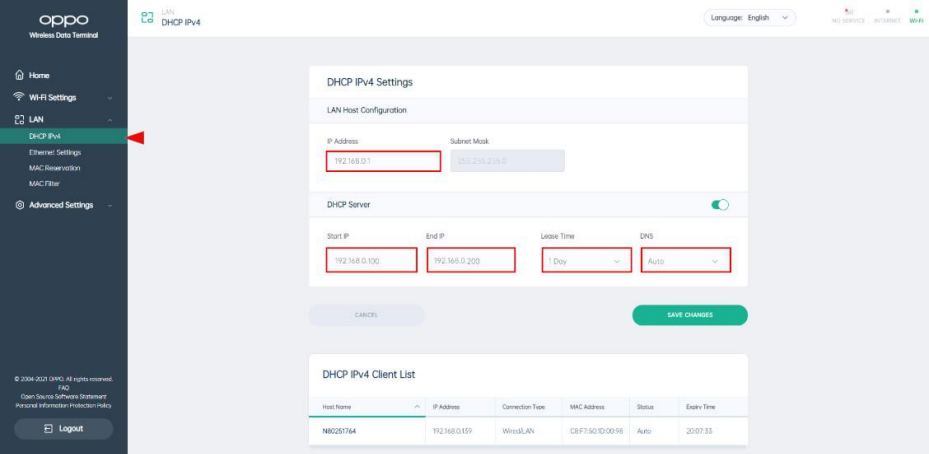 Oppo - 5G CPE T1a - DHCP IPv4 Settings - Feature Settings DHCP IPv4 Settings - Feature Settings