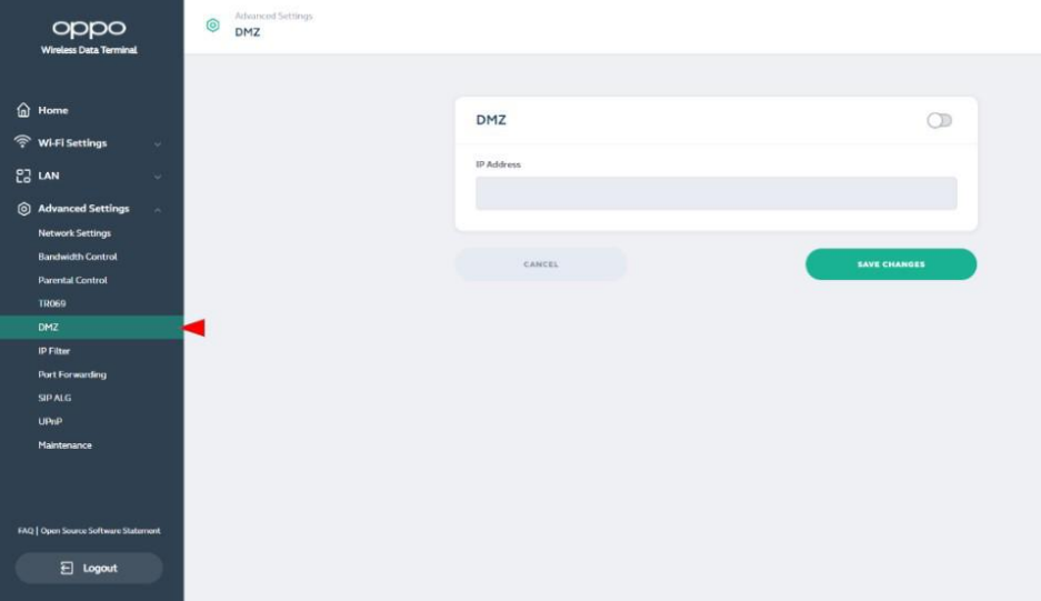 Oppo - 5G CPE T1a - DMZ - Feature Settings DMZ - Feature Settings