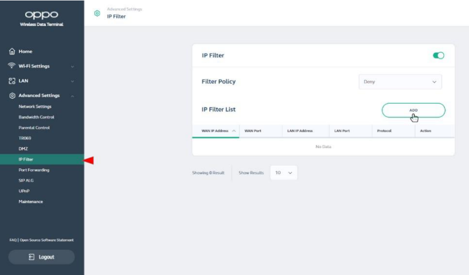 Oppo - 5G CPE T1a - IP Filter - Feature Settings - Step 1 IP Filter - Feature Settings - Step 1