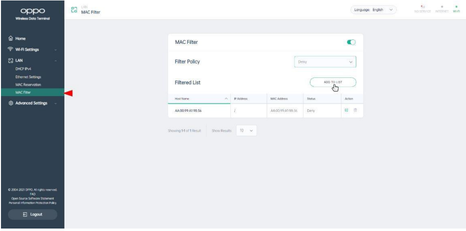 Oppo - 5G CPE T1a - MAC Filter - Feature Settings - Step 1 MAC Filter - Feature Settings - Step 1