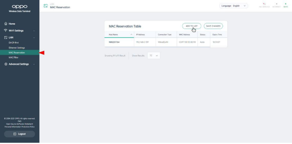 Oppo - 5G CPE T1a - MAC Reservation - Feature Settings - Step 1 MAC Reservation - Feature Settings - Step 1