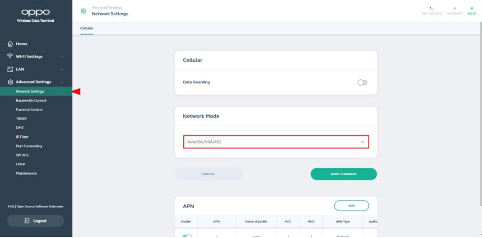 Oppo - 5G CPE T1a - Network Mode Settings - Feature Introduction Network Mode Settings - Feature Introduction