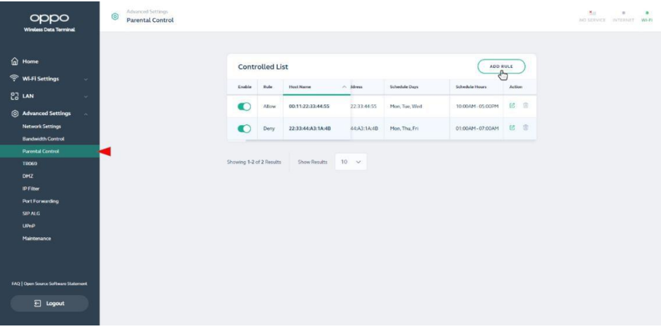 Oppo - 5G CPE T1a - Parental Control - Feature Settings - Step 1 Parental Control - Feature Settings - Step 1