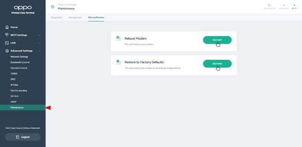 Oppo - 5G CPE T1a - Restart/Restore to Factory Defaults - Feature Settings Restart/Restore to Factory Defaults - Feature Settings