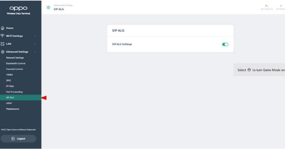 Oppo - 5G CPE T1a - SIP ALG - Feature Settings SIP ALG - Feature Settings