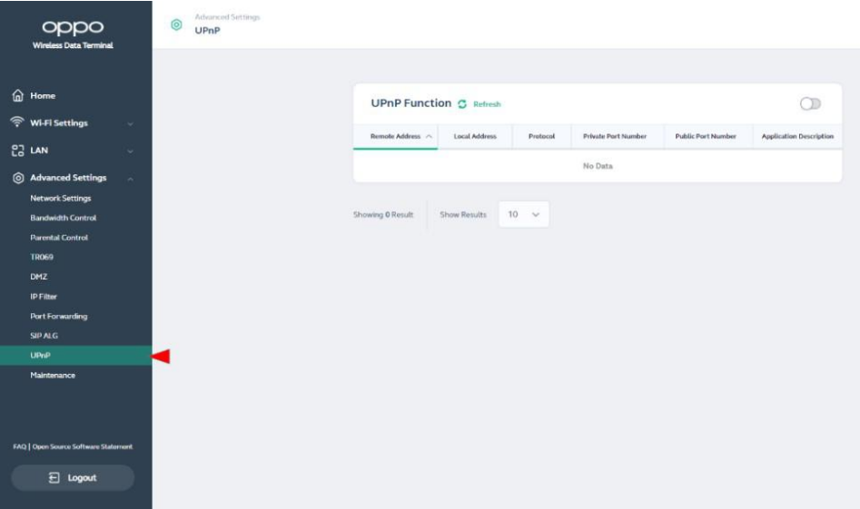 Oppo - 5G CPE T1a - UPnP - Feature Settings UPnP - Feature Settings